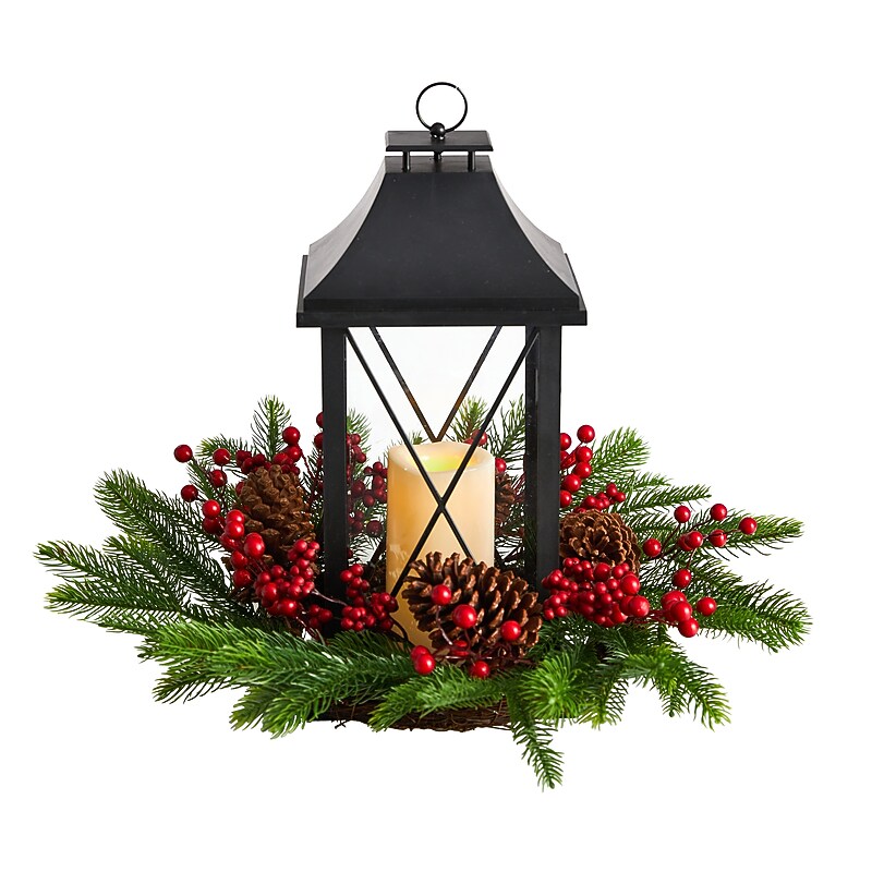 Nearly Natural 16" Holiday Christmas Berries, Pinecones & Greenery with Lantern and LED Candle Artificial Table Arrangement image 1