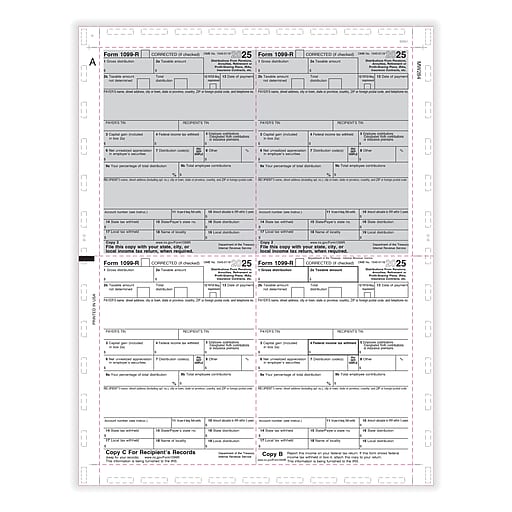ComplyRight 2025 Pressure-Seal 1099-R Tax Form, 1-Part, 4-Up