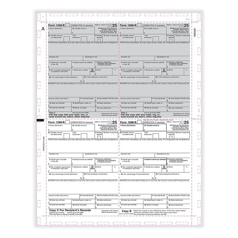 ComplyRight 2025 Pressure-Seal 1099-R Tax Form, 1-Part, 4-Up, 500/Pack (5177B) image 1