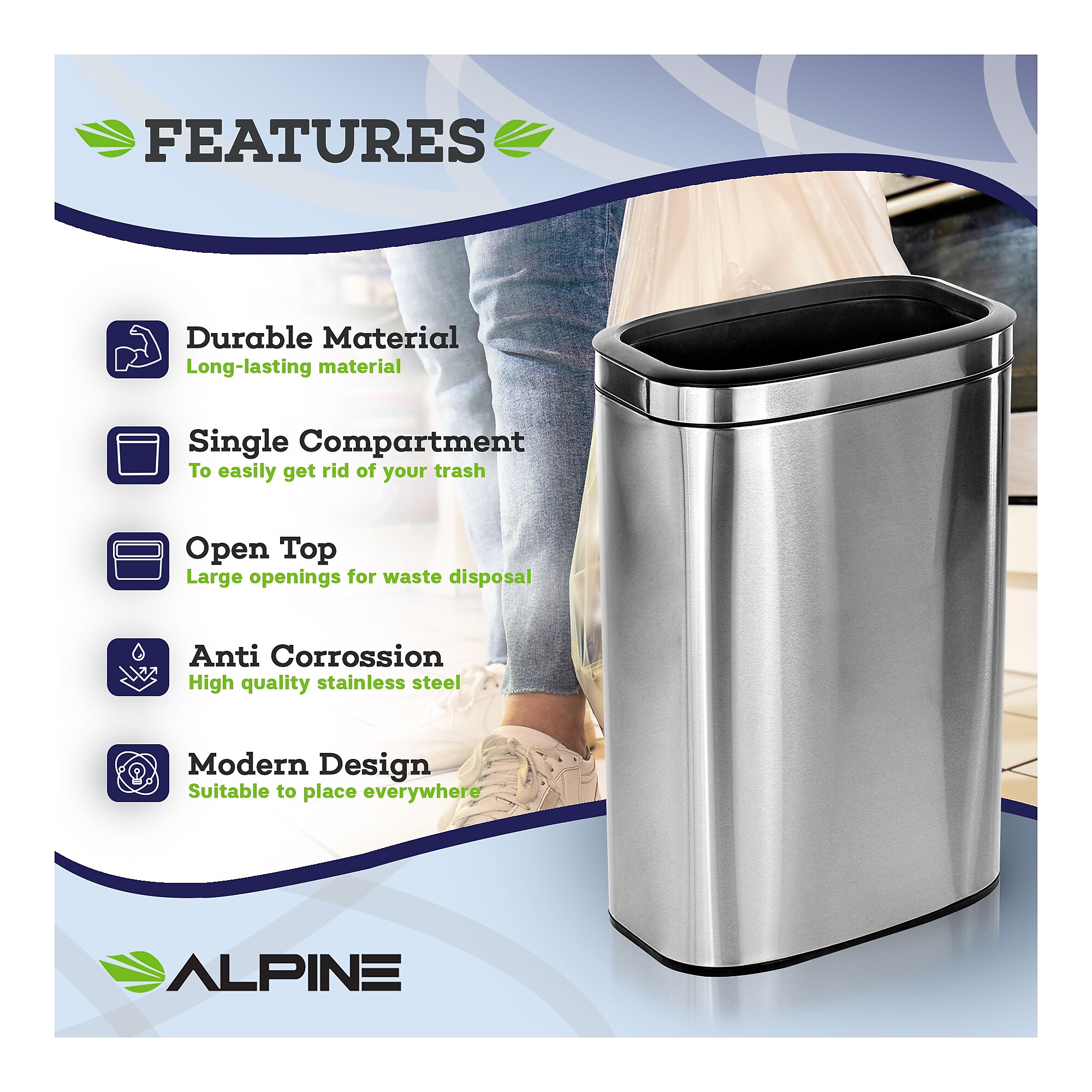 Alpine Industries Stainless Steel Trash Can with Liner, 10.5 Gallon (ALP470-40L) Sansujyuku sansujyuku.com