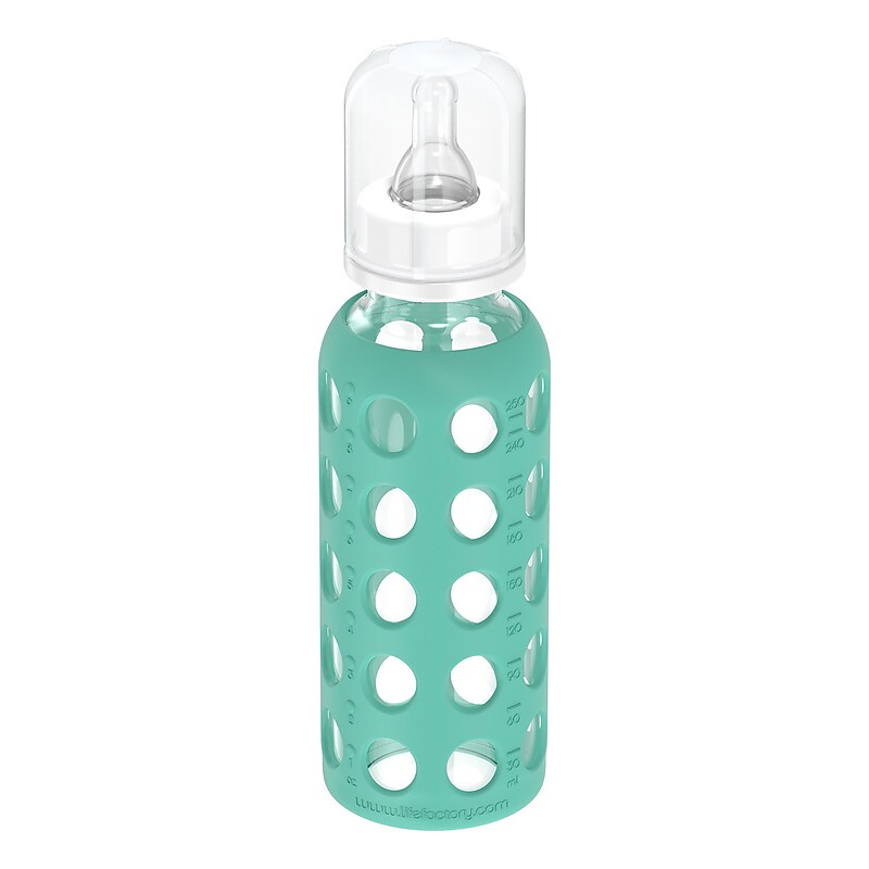 Lifefactory 9 oz. Glass Baby Bottle with Silicone Sleeve, Stage 2 Nipple, Stopper & Cap, Kale (LF110018C4) image 1