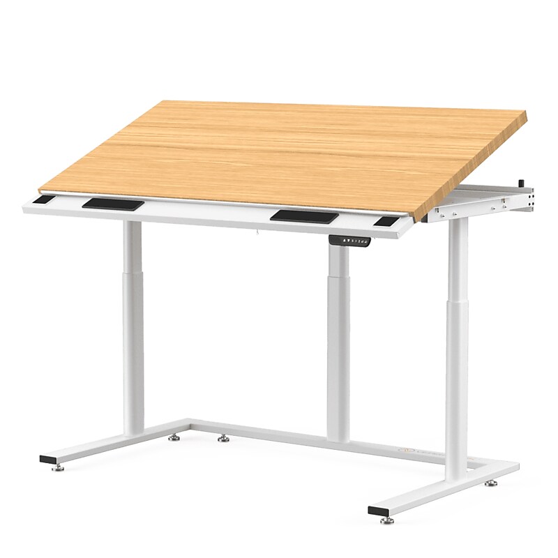 VersaDesk PowerLift Triad 60"W Electric Adjustable Drafting Table, Bamboo/White (TRDT-6030-WNB) image 1
