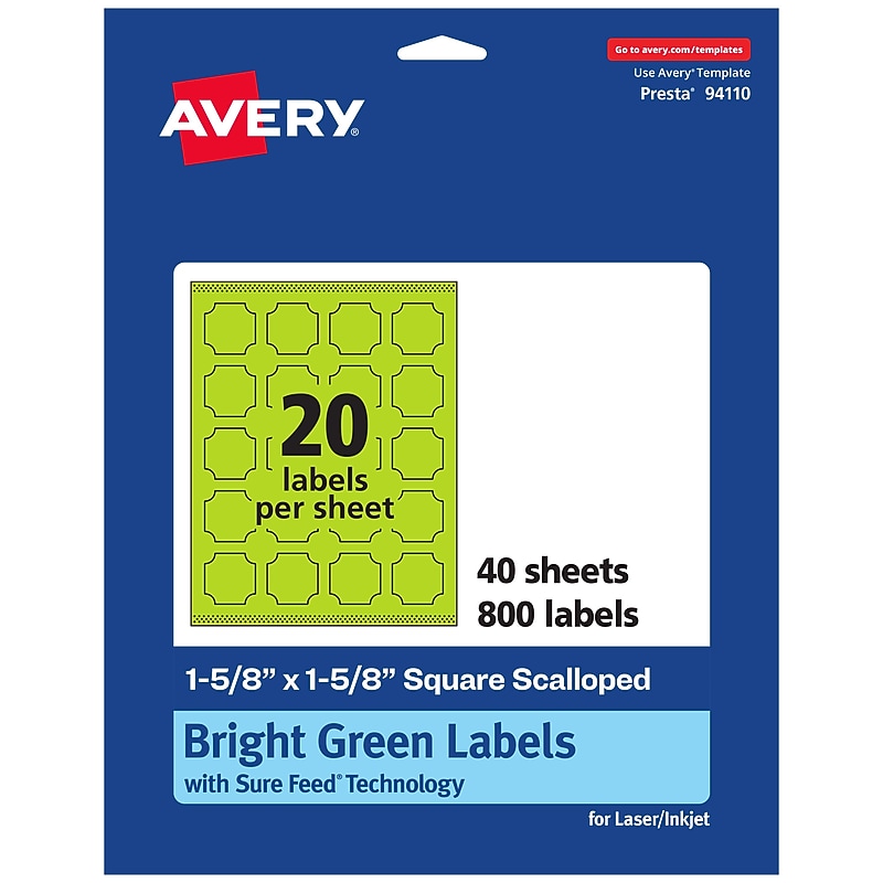 Avery Decorative Edge Multipurpose Labels, 1-5/8" x 1-5/8", Bright Green, 800/Pack (94110) image 1