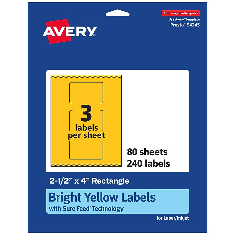 Avery Rectangle Laser/Inkjet Multipurpose Labels, 2.5" x 4", Bright Yellow (240/Box) image 1