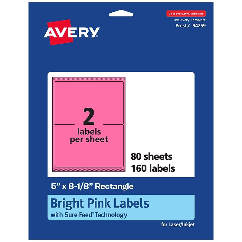 Avery Rectangle Laser/Inkjet Multipurpose Labels, 5" x 8-1/8", Bright Pink (160/Box) image 1