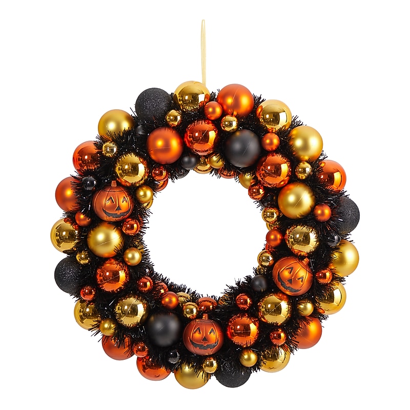 Nearly Natural Halloween Shatterproof Jack-o'-lantern Pumpkin Ornament Wreath, 19" (W1209) image 1