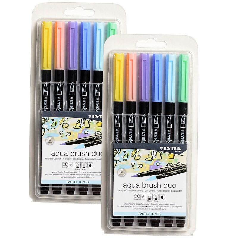Lyra Aqua Brush Duo Water-Based Marker, Dual-Tip, Assorted Colors, 6 Markers/Set, 2 Sets/Bundle (LYXL6521061-2) image 1