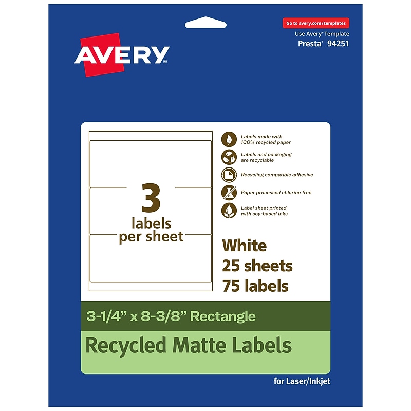 Avery EcoFriendly Laser/Inkjet Rectangle Multipurpose Labels, 3-1/4" x 8-3/8", White, 75/Pack (94251) image 1
