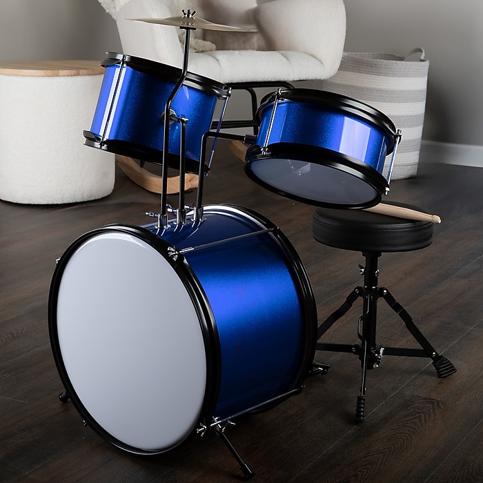 Hey Play Kids Drum Set with Throne Stool, Blue, 3 Pieces/Set (80