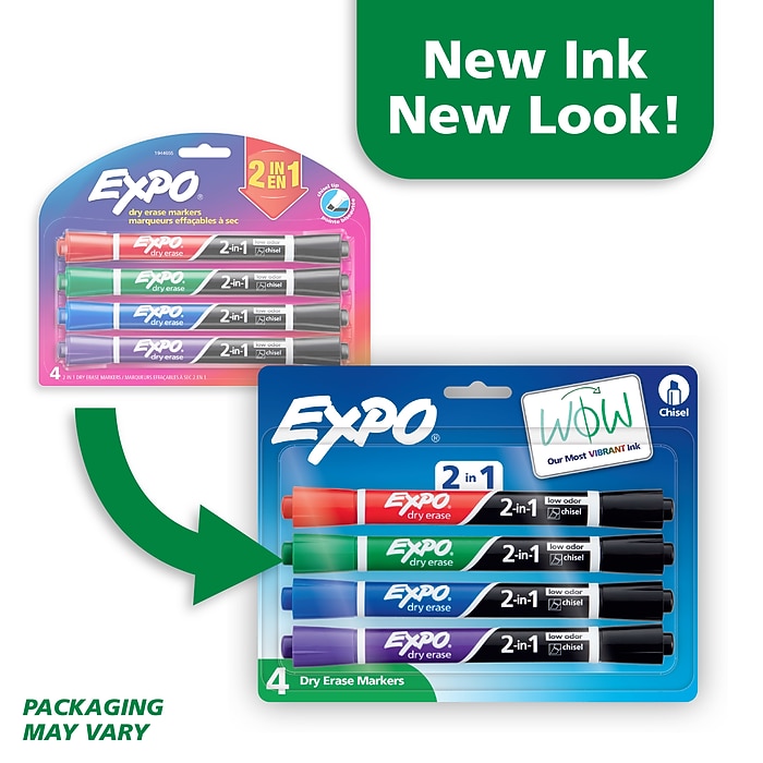 Expo 2-in-1 Dry Erase Markers, Chisel Tip, Assorted Colors, 4/Pk