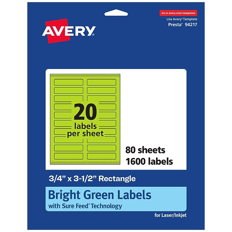 Avery Rectangle Multipurpose Labels, 0.75" x 3.5", Bright Green, 1600/Box (94217) image 1