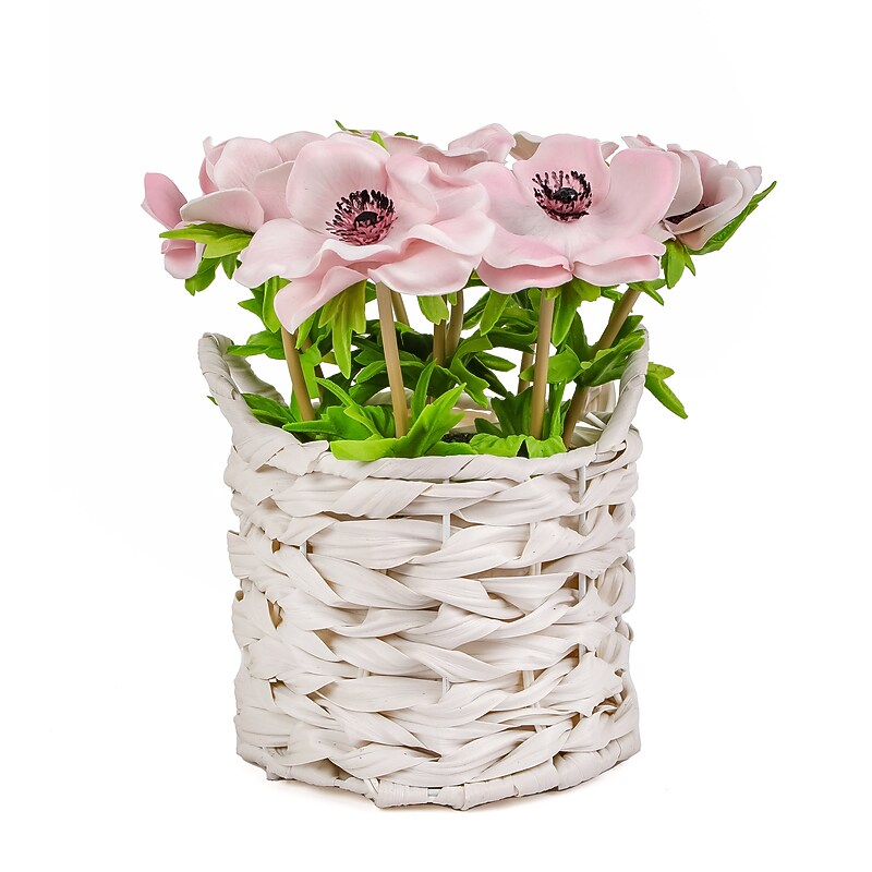 National Tree Company 10" Pink Anemone Flower Bouquet in White Basket (MT81-01626GPK-1) image 1