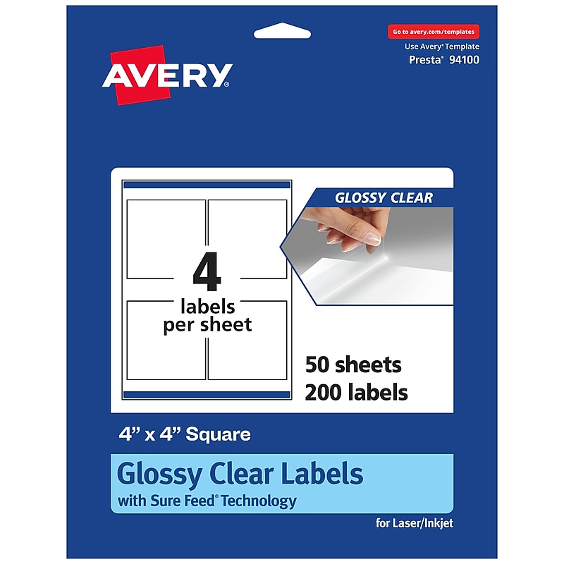 Avery Laser/Inkjet Square Glossy Labels, 4" x 4", Clear, 200 Labels/Box (94100) image 1