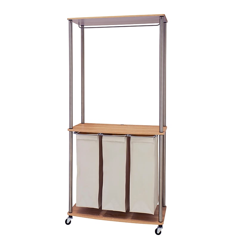 Household Essentials 3-Section Rolling Laundry Sorter with Lid, Steel, Ashwood (7051-1) image 1