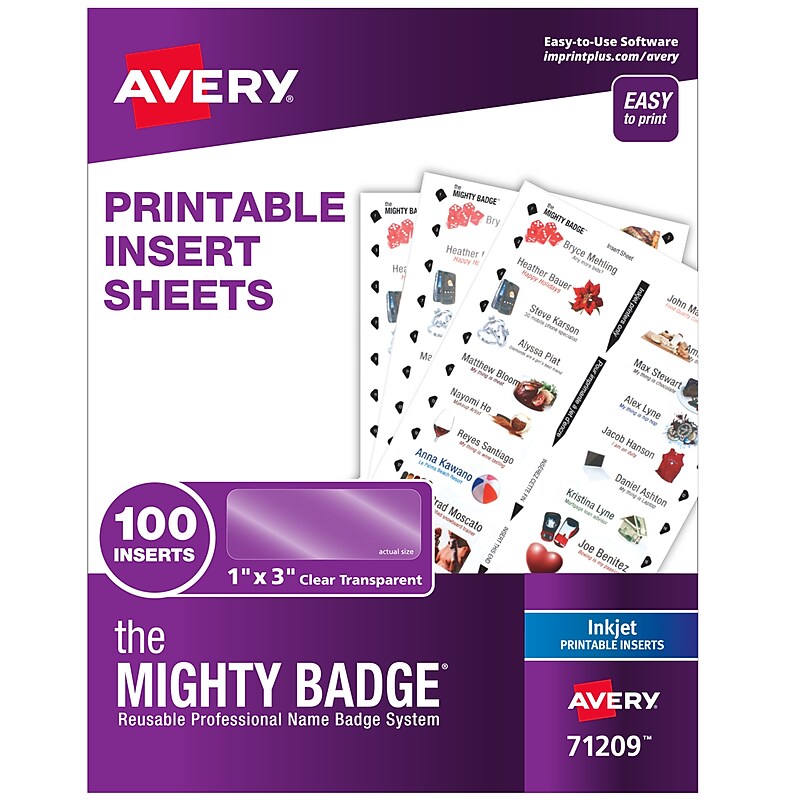 Avery The Mighty Badge Inkjet Printable Insert Sheets, 1" x 3", Clear, 20 Inserts/Sheet, 5 Sheets/Pack, 100 Inserts/Pack (71209) image 1