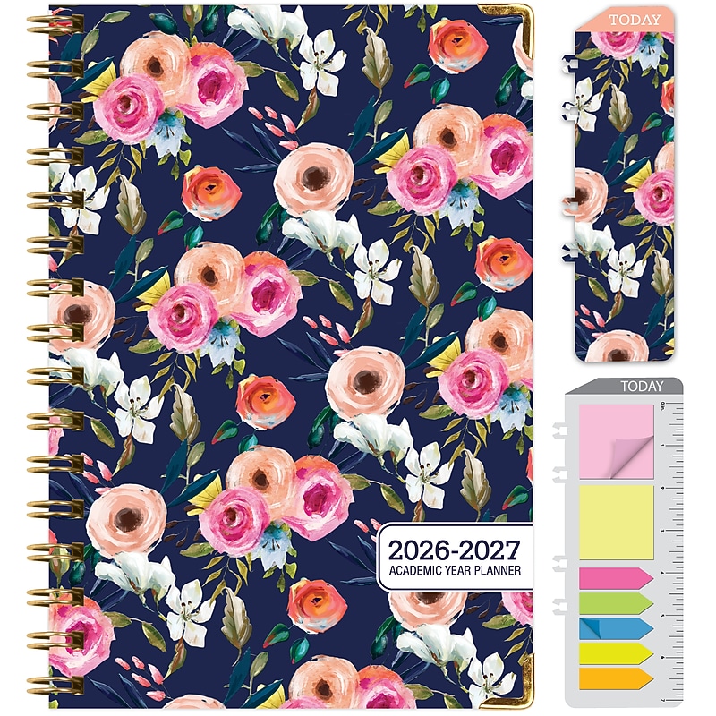 2026-2027 Excello Brands 8" x 5.5" Academic Weekly & Monthly Planner, Paperboard Cover, Small Navy Floral (FSHN-AY26-58-84) image 1