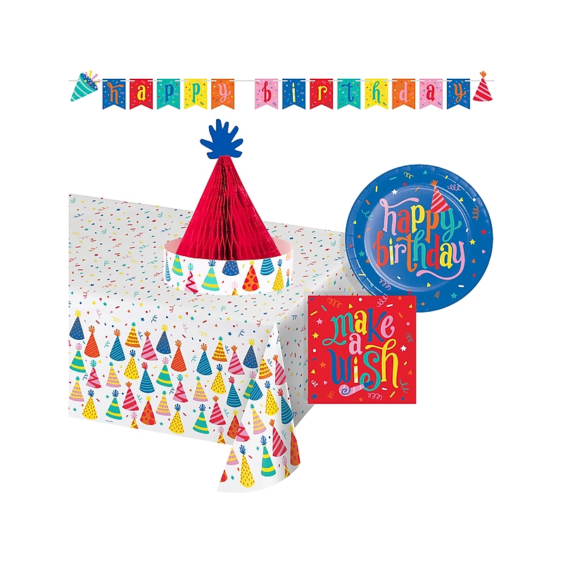 Creative Converting Hats Off Birthday Tableware and Decor Kit, Assorted Colors (DTC9127E4A) image 1