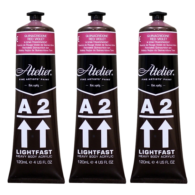 Chroma Atelier A2 Lightfast Acrylic Paint Tube, Quinacridone Red Violet Hue, 4 oz., 3/Bundle (CRM773-3) image 1