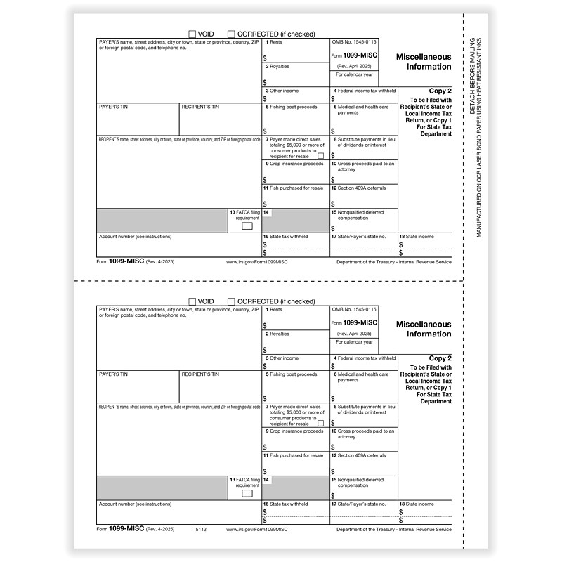 ComplyRight 2025 1099-MISC Tax Form, 1-Part, 2-Up, Payer Copy C, 50/Pack (511250) image 1