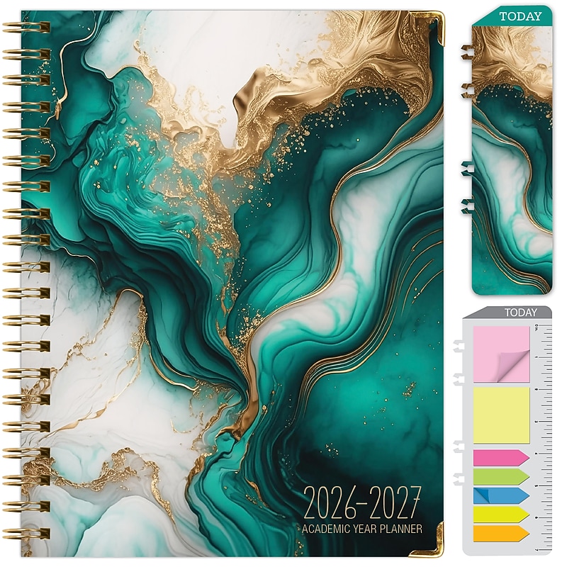 2026-2027 Excello Brands 8.5" x 11" Academic Weekly & Monthly Planner, Paperboard Cover, Teal Gold Marble (FSHN-AY26-8511-54) image 1