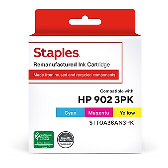 Staples Remanufactured Cyan/Magenta/Yellow Standard Yield Ink Cartridge Replacement for HP 902 (TRT0A38AN/STT0A38AN3PK), 3/Pack