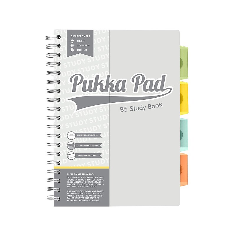 Pukka Pad B5 Study Book Customizable Notebook, 7.09" x 9.6", 120 Sheets, Gray/Silver (9824-STU) image 1