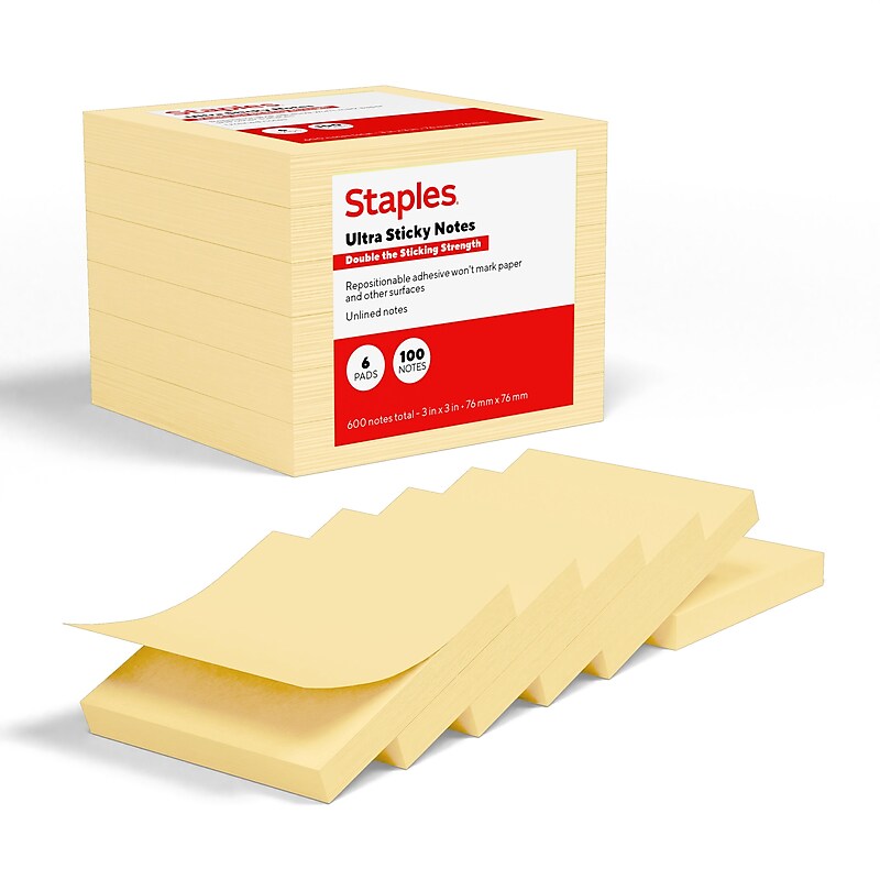 Staples Ultra Sticky Notes, 3" x 3", Sunshine Collection, 100 Sheets/Pad, 6 Pads/Pack (ST62889) image 1