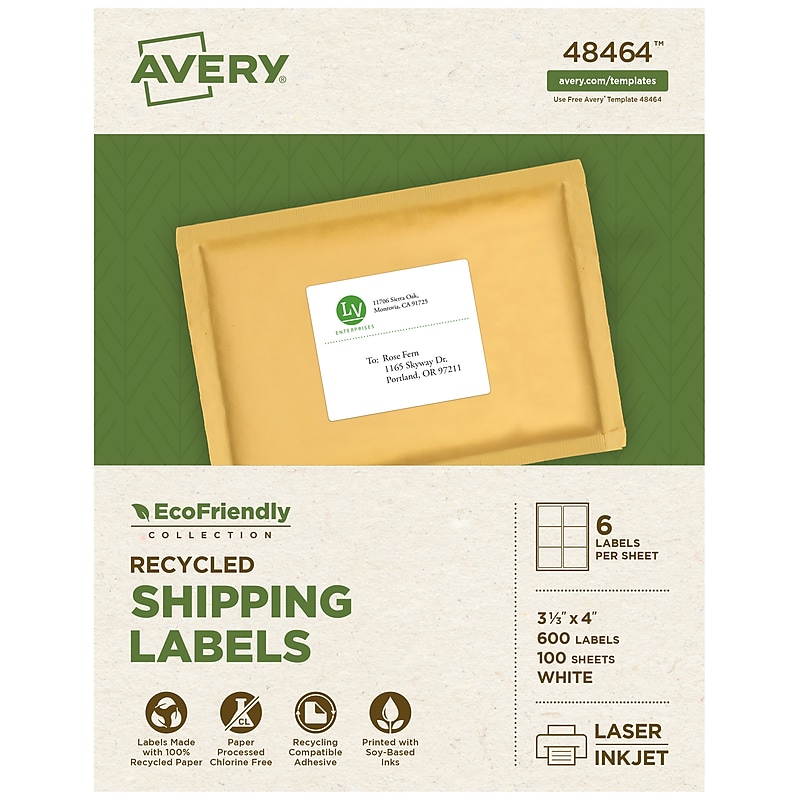 Avery EcoFriendly Laser/Inkjet Shipping Labels, 3-1/3" x 4", White, 600 Labels/Box (48464) image 1