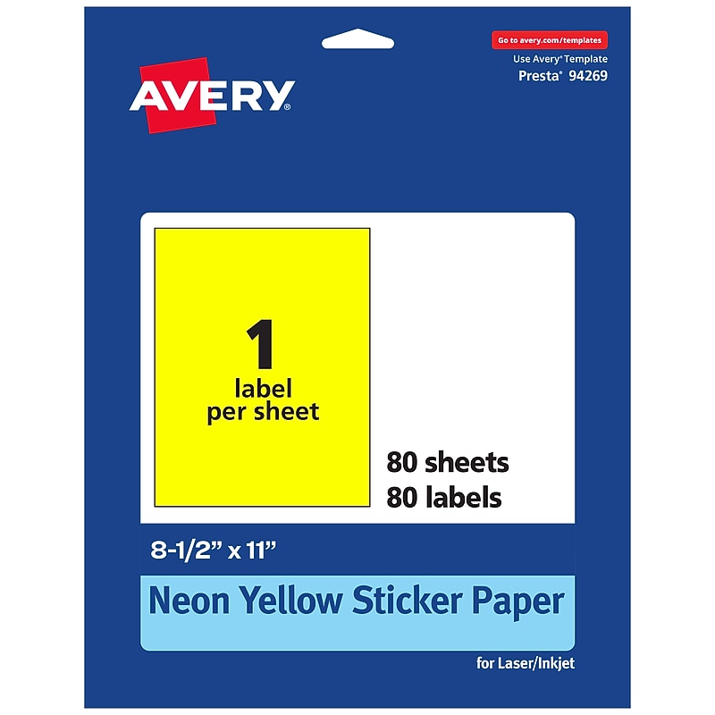 Avery Laser/Inkjet Multipurpose Rectangle Labels, 8.5" x 11", Neon Yellow, 80/Box (94269) image 1