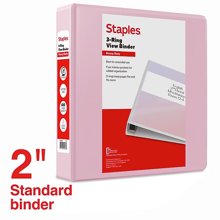 Staples Heavy Duty 2" 3-Ring View Binder, D-Ring, Light Pink (ST63095) |  Staples