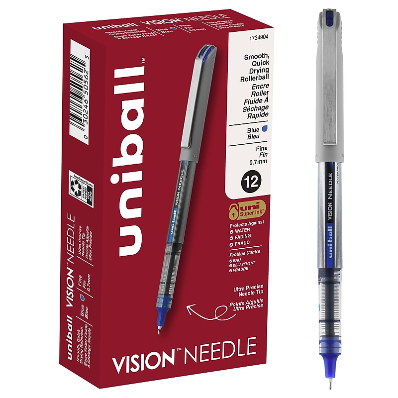 uni-ball Vision Needle Rollerball Pens, Fine Point, 0.7mm, Blue Ink, Dozen (1734904) image 1