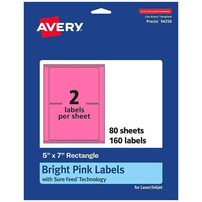 Avery Laser/Inkjet Rectangle Multipurpose Labels, 5" x 7", Bright Pink, 160/Box (94258) image 1
