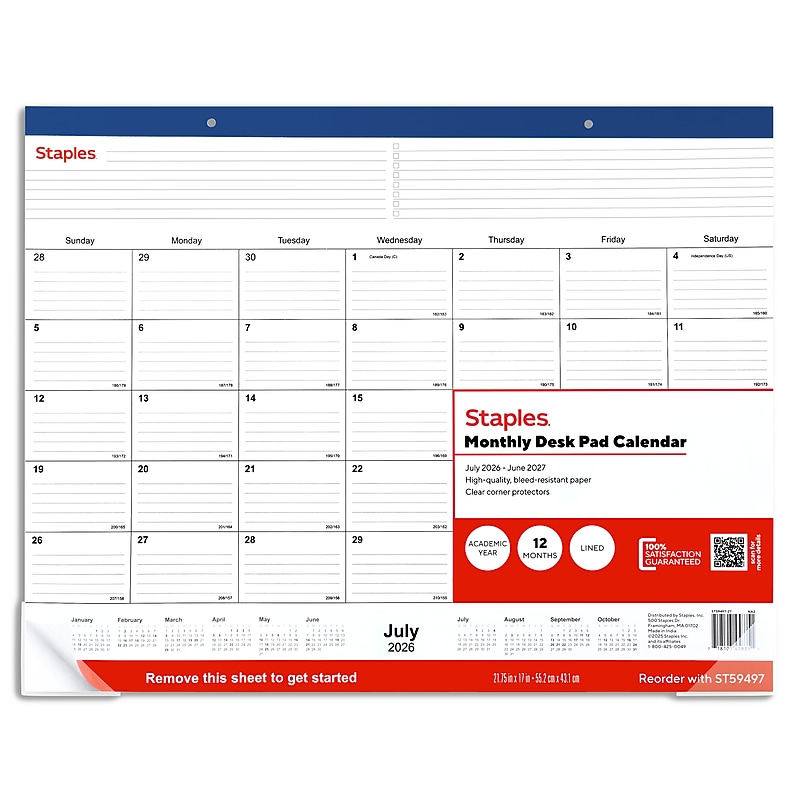 2026-2027 Staples 21.75" x 17" Academic Monthly Desk Pad Calendar, Navy (ST59496-27) image 1