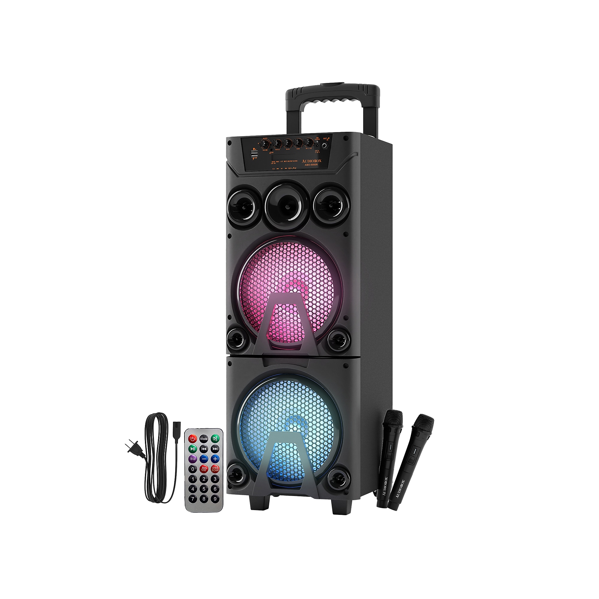 Audiobox Wireless Bluetooth Party Speaker with Dual 8-In. Woofers, Lights, Wireless Mics, WaveSync & Remote, Black (ABX-8080R) Sansujyuku sansujyuku.com