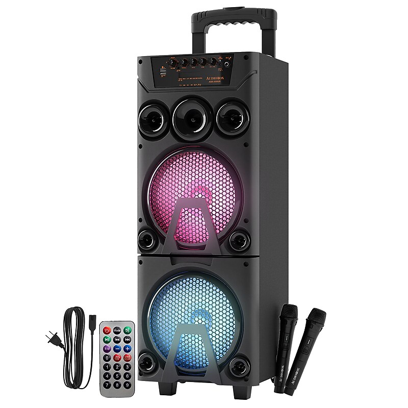 Audiobox Wireless Bluetooth Party Speaker with Dual 8-In. Woofers, Lights, Wireless Mics, WaveSync & Remote, Black (ABX-8080R) image 1