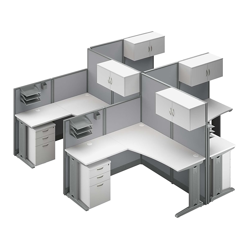 Bush Business Furniture Office in an Hour 63"H x 129"W 4 Person L-Shaped Cubicle Panel Workstation, Pure White (OIAH007WH) image 1
