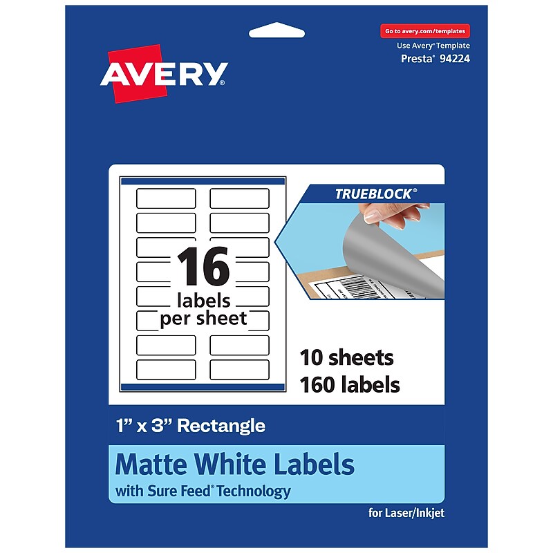 Avery TrueBlock Laser/Inkjet Rectangle Multipurpose Labels, 1" x 3", White, 160/Pack (94224) image 1
