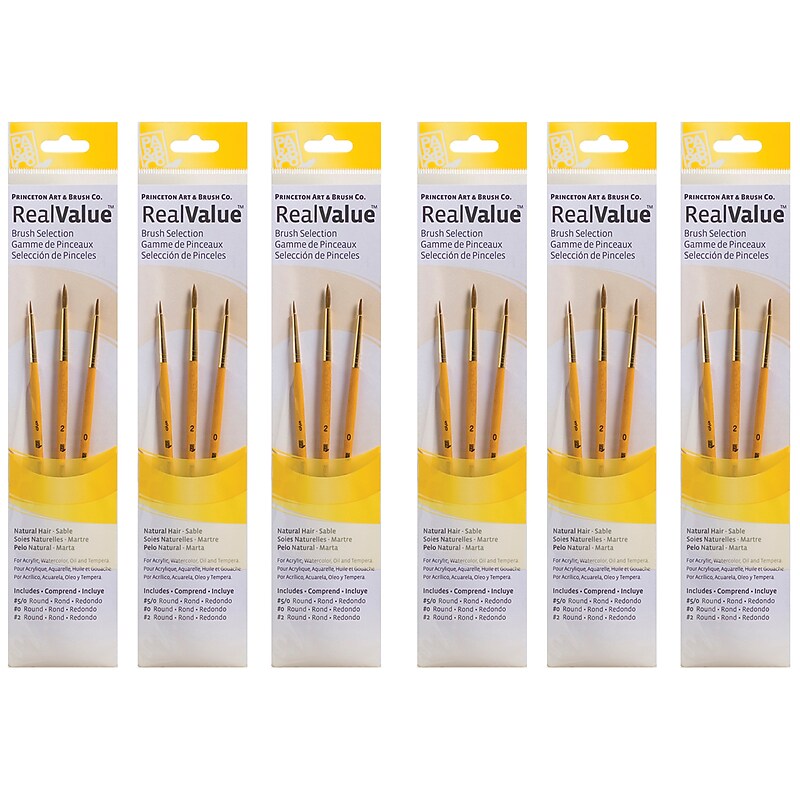 Princeton RealValue Short Handle Mixed Media Natural Camel Variety Round Brush Set, 3/Set, 6 Sets/Bundle (PBXPR9105-6) image 1