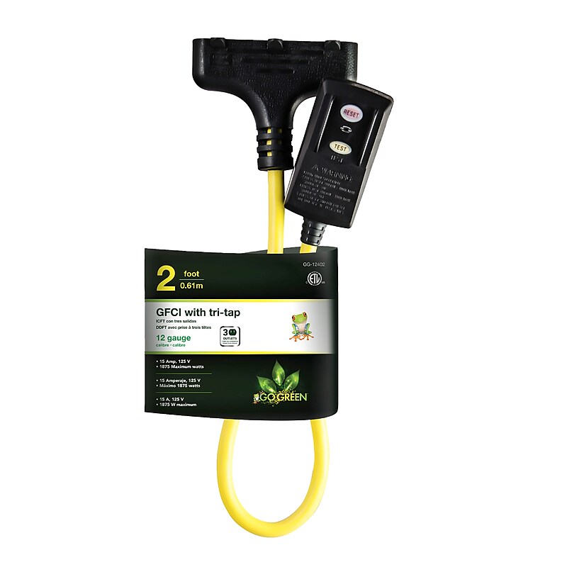 GoGreen Power 12/3 2' Portable Tri-Tap GFCI, Yellow (GG-12402) image 1