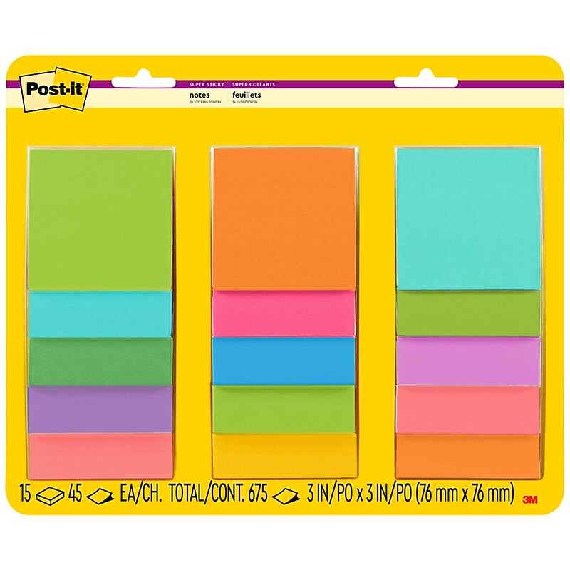 Post-it Super Sticky Notes, 3" x 3", Supernova Neons Collection, 45 Sheet/Pad, 15 Pads/Pack (654-15SSMULTI2) image 1