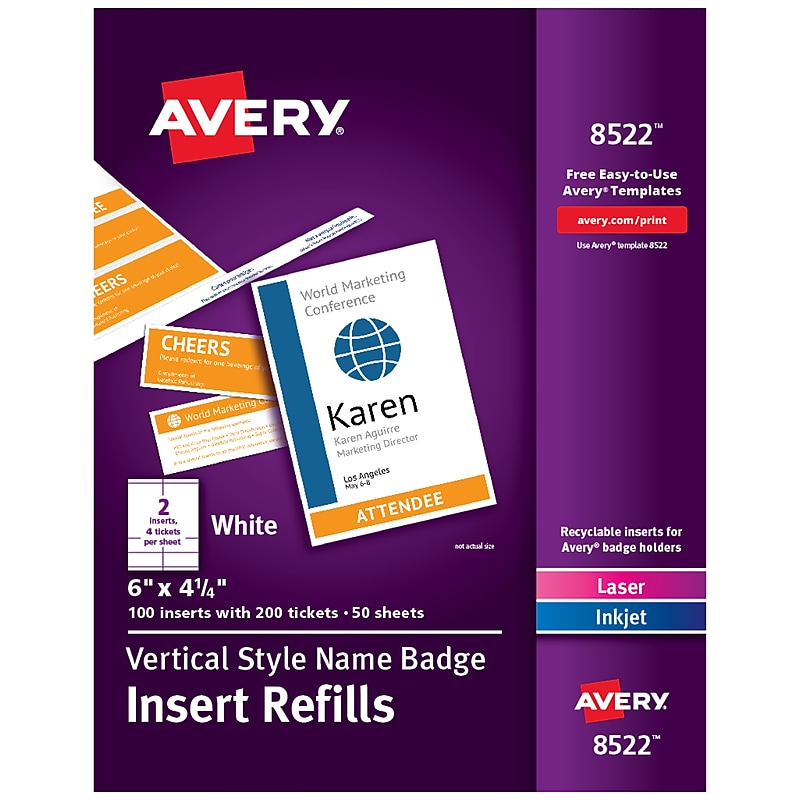 Avery Vertical Style Laser/Inkjet Name Badge & Ticket Inserts, 6" x 4 1/4", White, 100 Inserts Per Box (8522) image 1