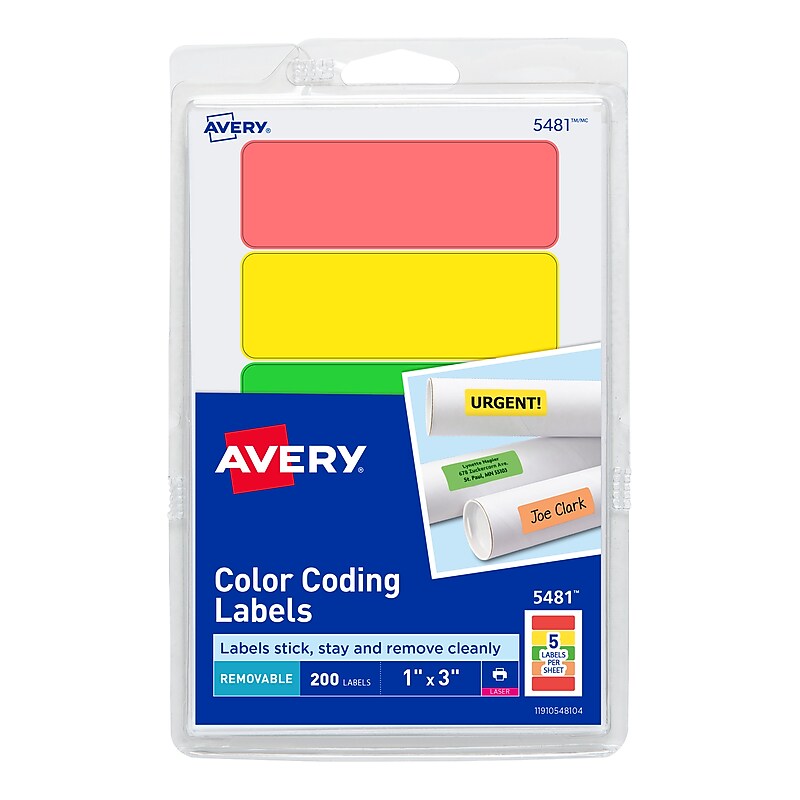 Avery Laser Color Coding Labels on 4" x 6" Sheets, 1" x 3", Assorted Colors, 200 Labels/Pack (5481) image 1