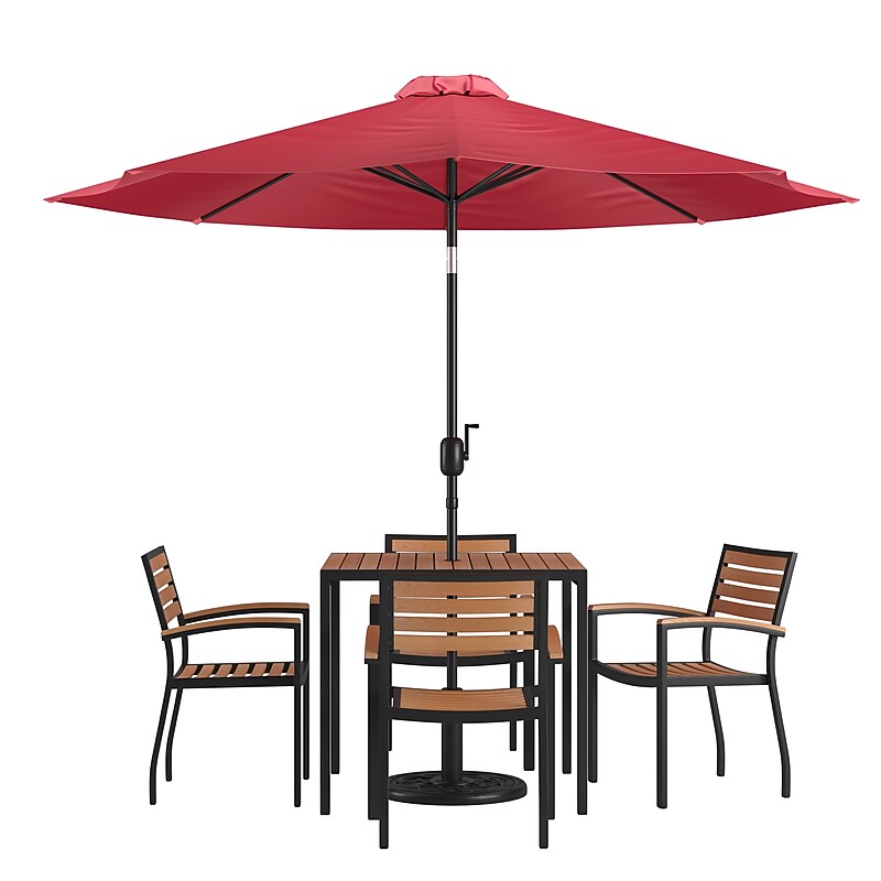 Flash Furniture Lark Outdoor Patio Table Set, Red Umbrella, 7 Piece Set (XU8104UB19BRD) image 1