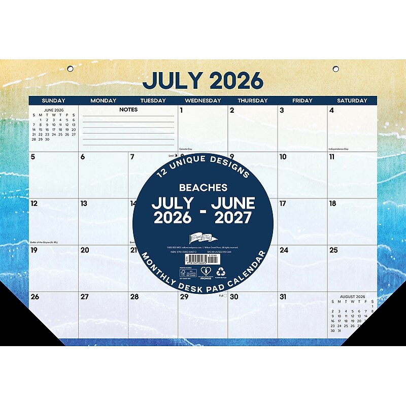 2026-2027 Willow Creek 17" x 12" Academic Monthly Desk Calendar, Beaches (64672) image 1