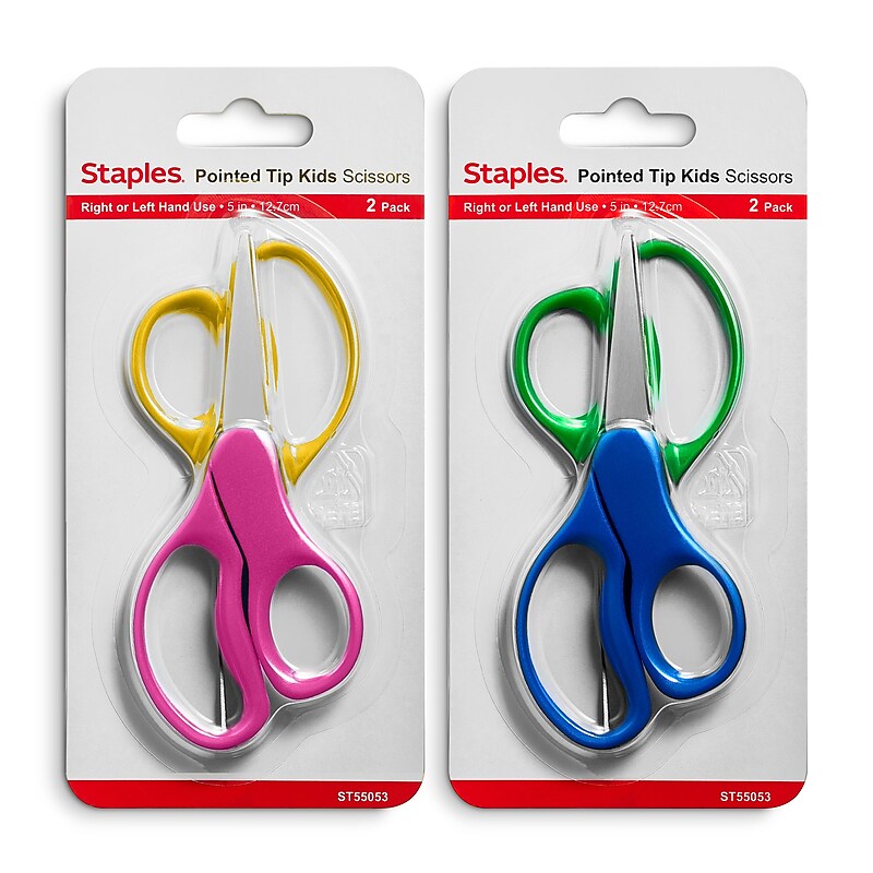 Staples Junior 5" Kids Pointed Tip Stainless Steel Scissors, Straight Handle, Right & Left Handed, 2/Pack (TR55053) image 1