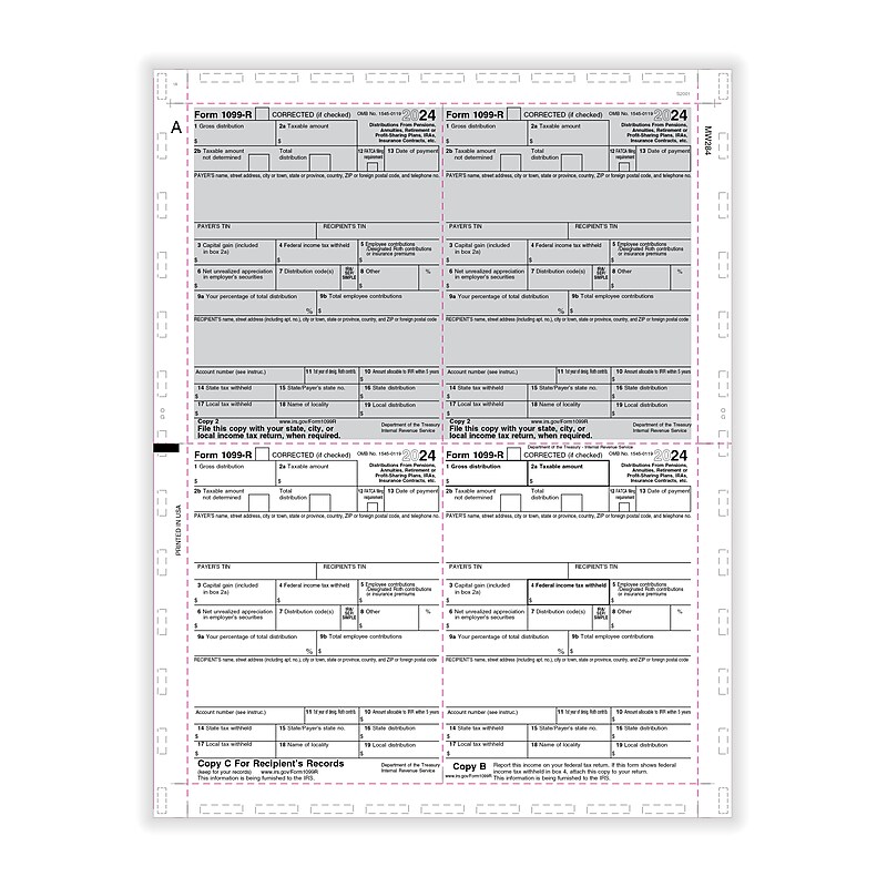 ComplyRight 2024 1099-R Tax Form, 1-Part, 4-Up, Copy B, C, 2, 2, 500/Pack (PS284) image 1