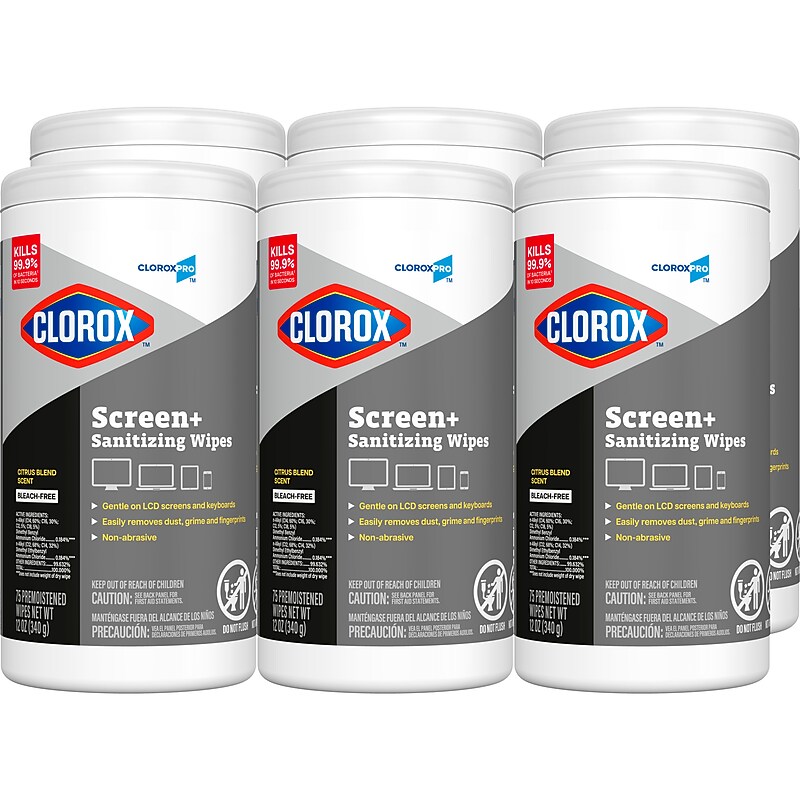 CloroxPro Clorox Screen+ Sanitizing Wipes, Bleach Free, Citrus Blend Scent, 75 Wipes/Container, 6/Carton (60724CT) image 1