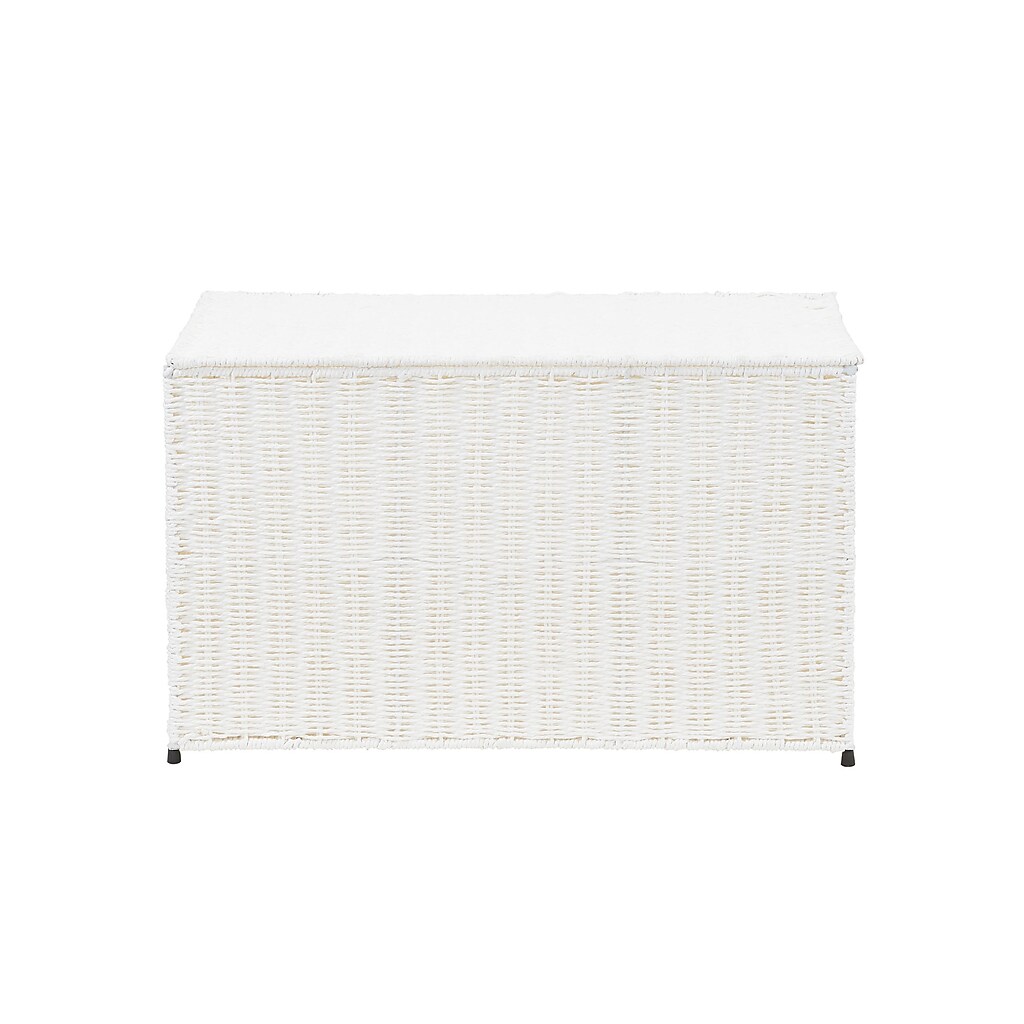 White wicker storage chest with lid closed side view