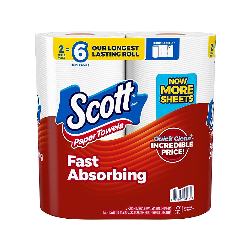 Scott Choose-a-Sheet Triple Paper Towels, 1-Ply, 162 Sheets/Roll, 2 Rolls/Pack (55419) image 1