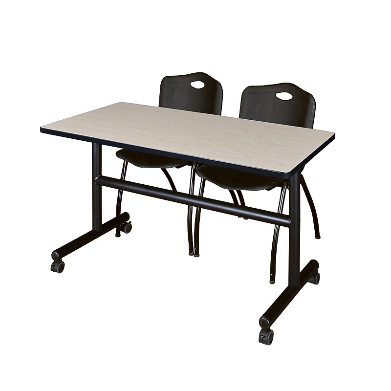Regency Kobe 48" Flip Top Mobile Training Table- Maple & 2 'M' Stack Chairs- Black image 1